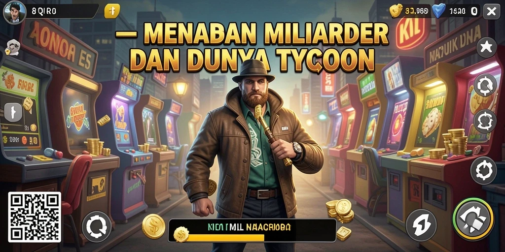 Screenshot utama 8QR menampilkan pemain sedang membangun kerajaan bisnis.