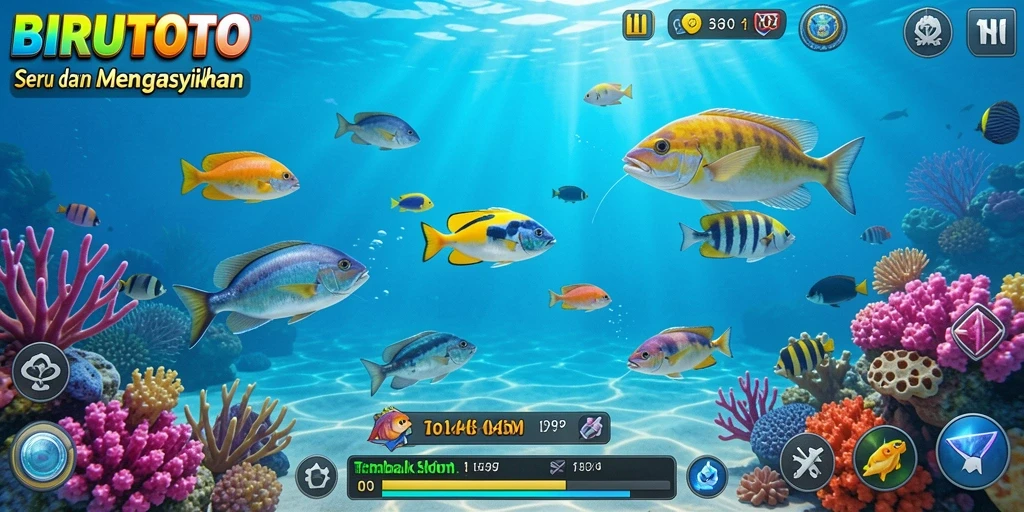 Tampilan gameplay seru dalam BIRUTOTO saat menembak ikan.