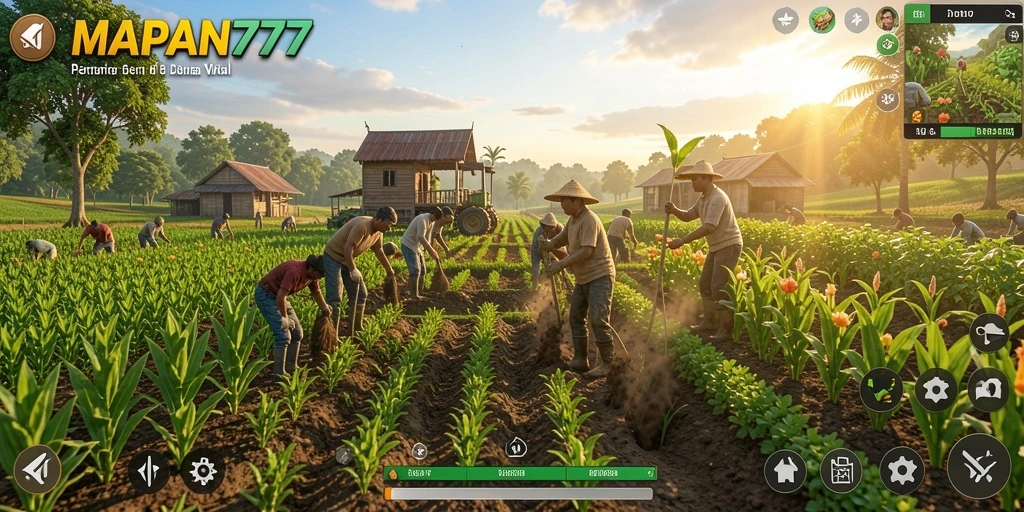 Tampilan gameplay <strong>MAPAN777</strong> dengan aktivitas bertani yang seru dan menyenangkan.